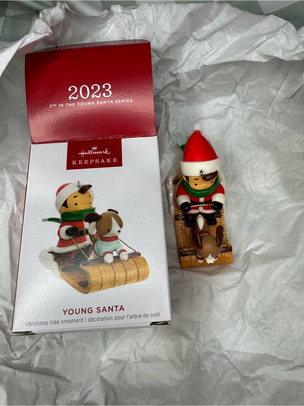 2023 Hallmark Keepsake Young Santa Ornament 2nd in Series Puppy Sled Ride
